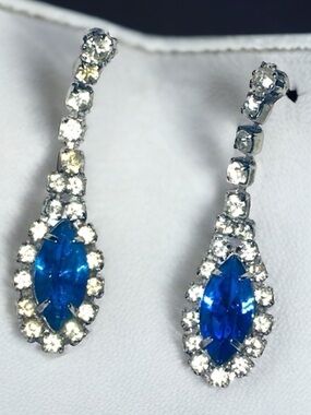 Vintage Blue Crystal Marquise Silver Tone Drop Earrings with Clear Halo
